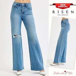 RISEN Tummy Control High Rise Distressed Knee Medium Washed Wide Leg Denim Jeans